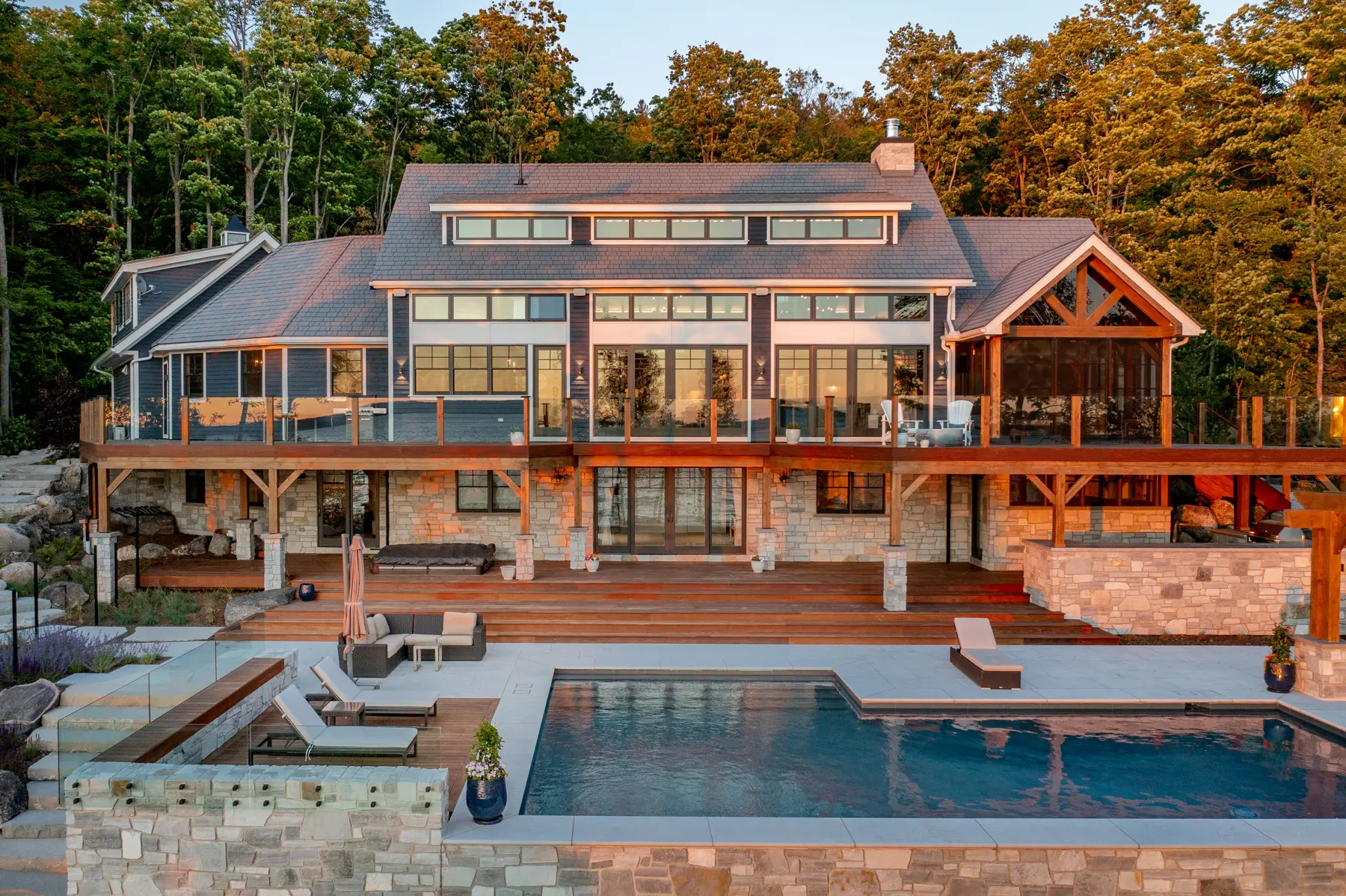 Normerica Timber Homes Timber Frame Portfolio Beachside Bliss Exterior Back view Pool