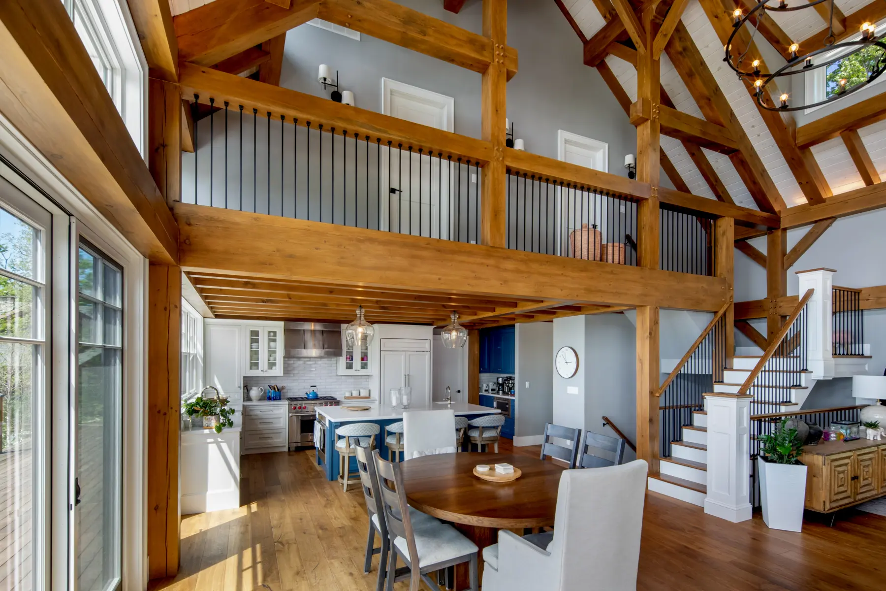 Normerica Timber Homes Timber Frame Portfolio Beachside Bliss Interior Dining Room Kitchen Loft Cathedral Ceilings Open Concept