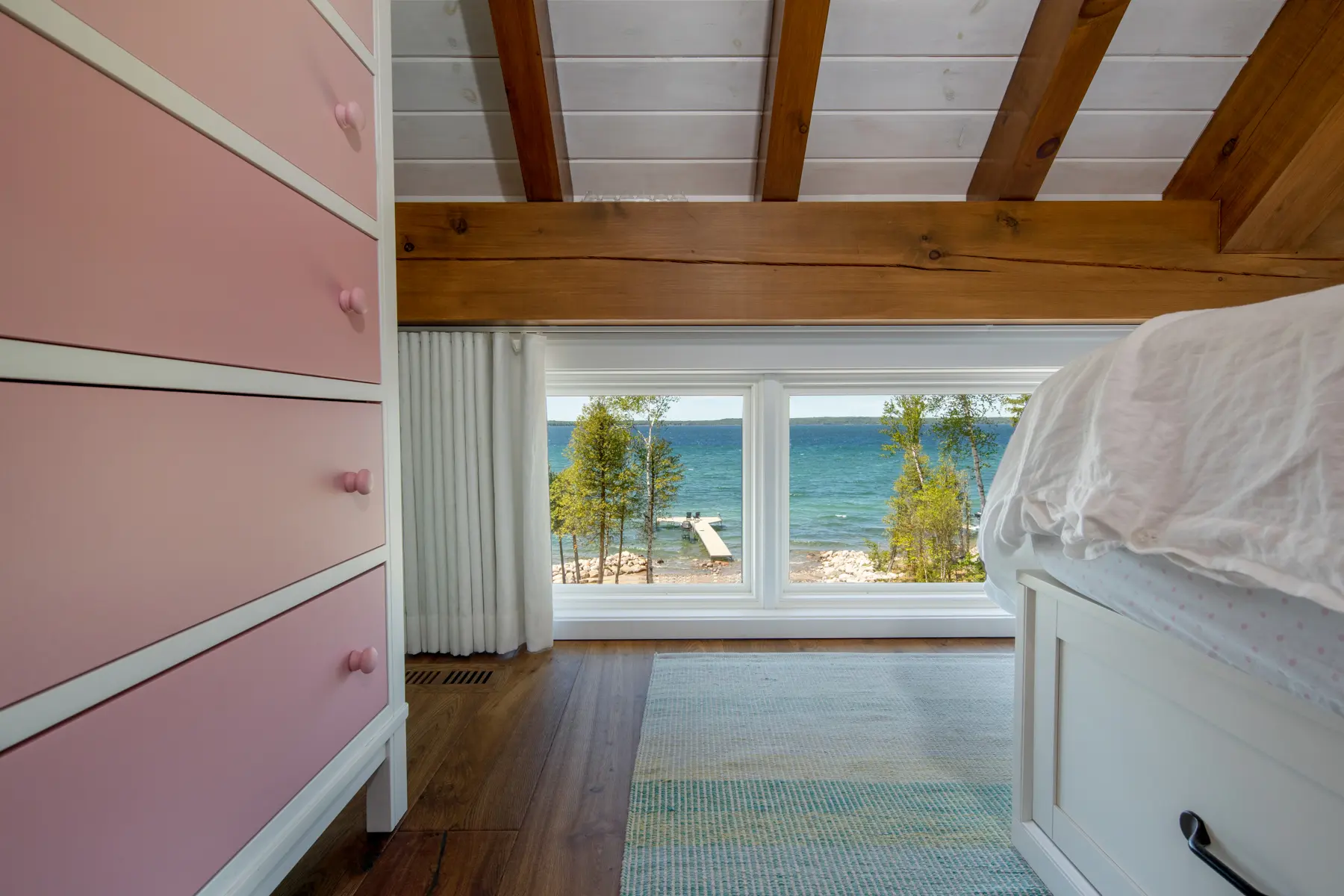 Normerica Timber Homes Timber Frame Portfolio Beachside Bliss Interior Girl Bedroom Loft Windows in Eaves