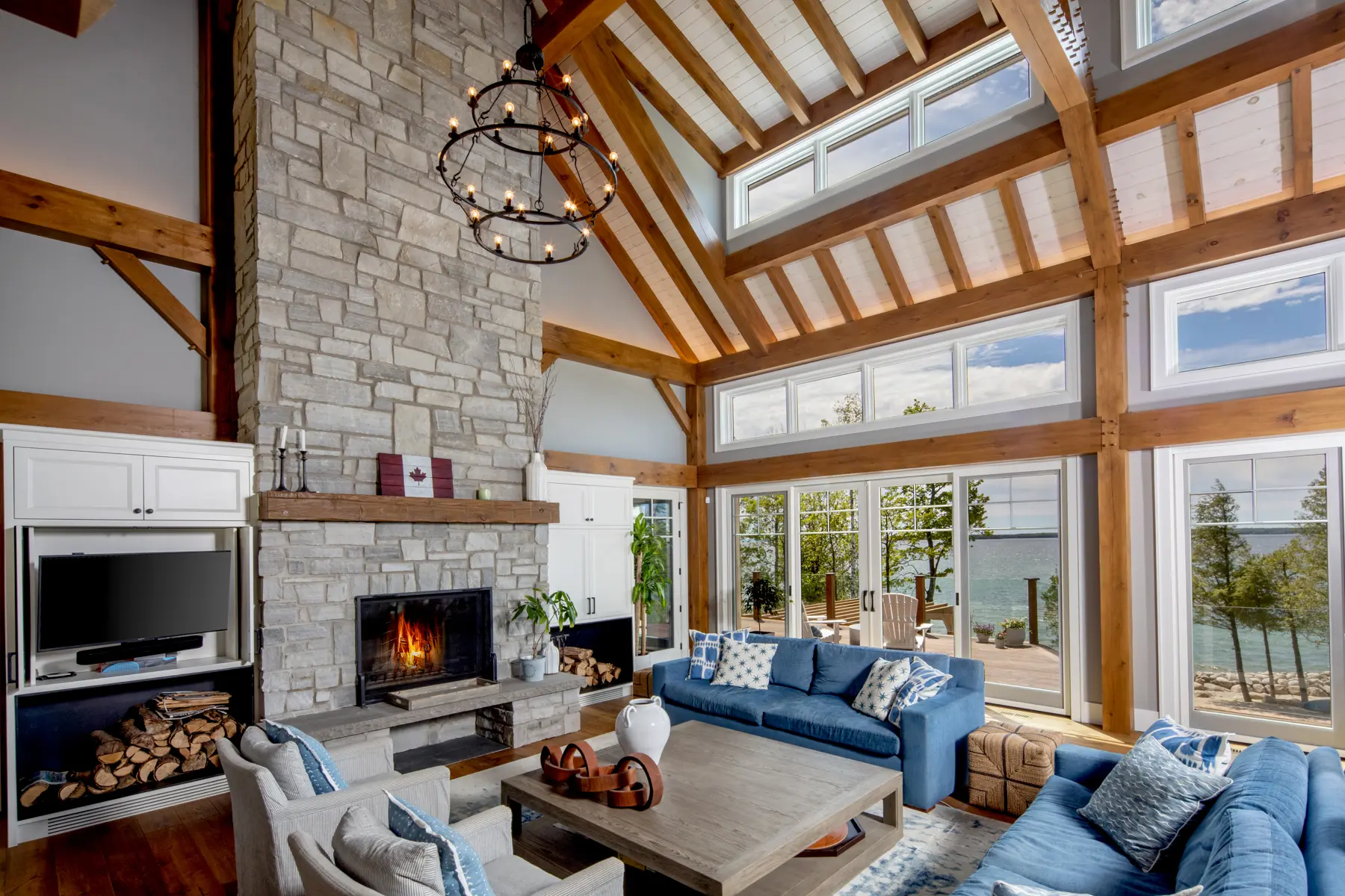 Normerica Timber Homes Timber Frame Portfolio Beachside Bliss Interior Living Room Fireplace