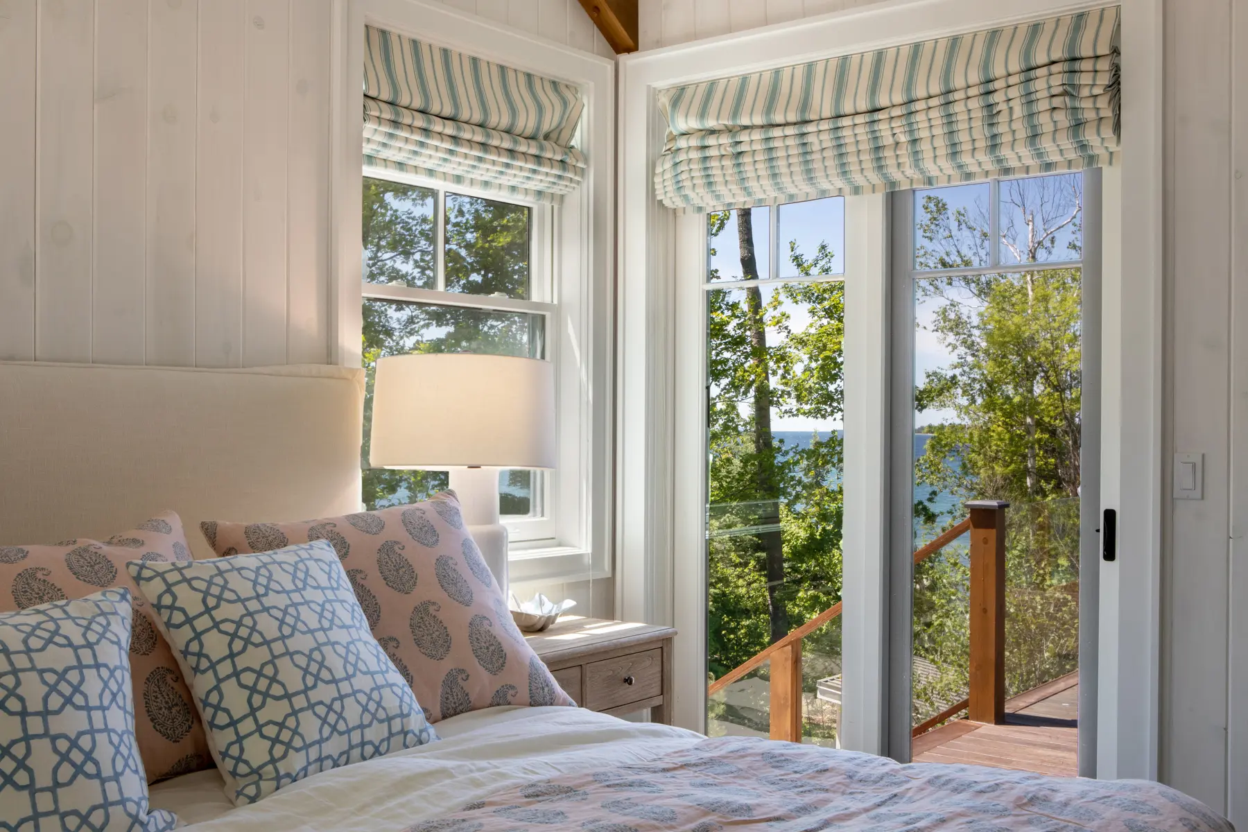 Normerica Timber Homes Timber Frame Portfolio Beachside Bliss Interior Master Bedroom View Door to Deck