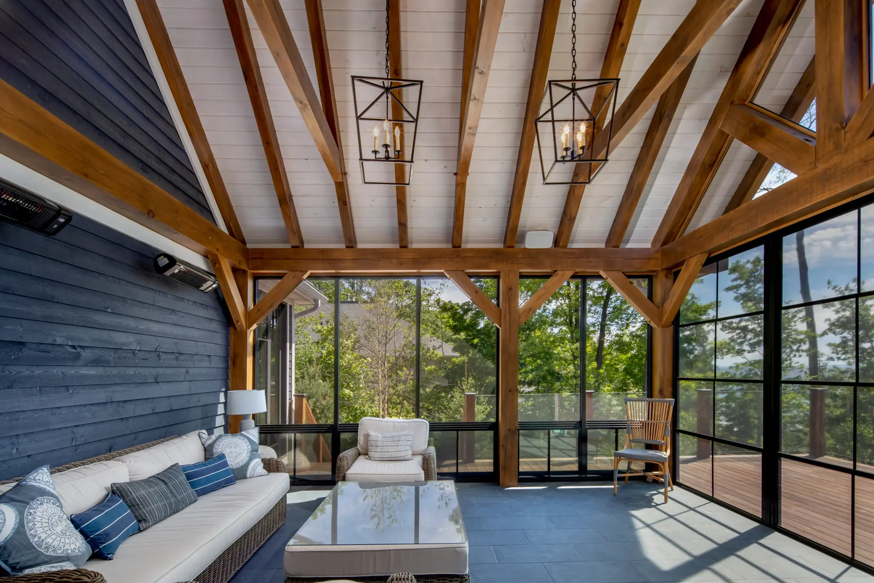 Normerica Timber Homes Timber Frame Portfolio Beachside Bliss Interior Three Season Room Muskoka Room Screened Porch
