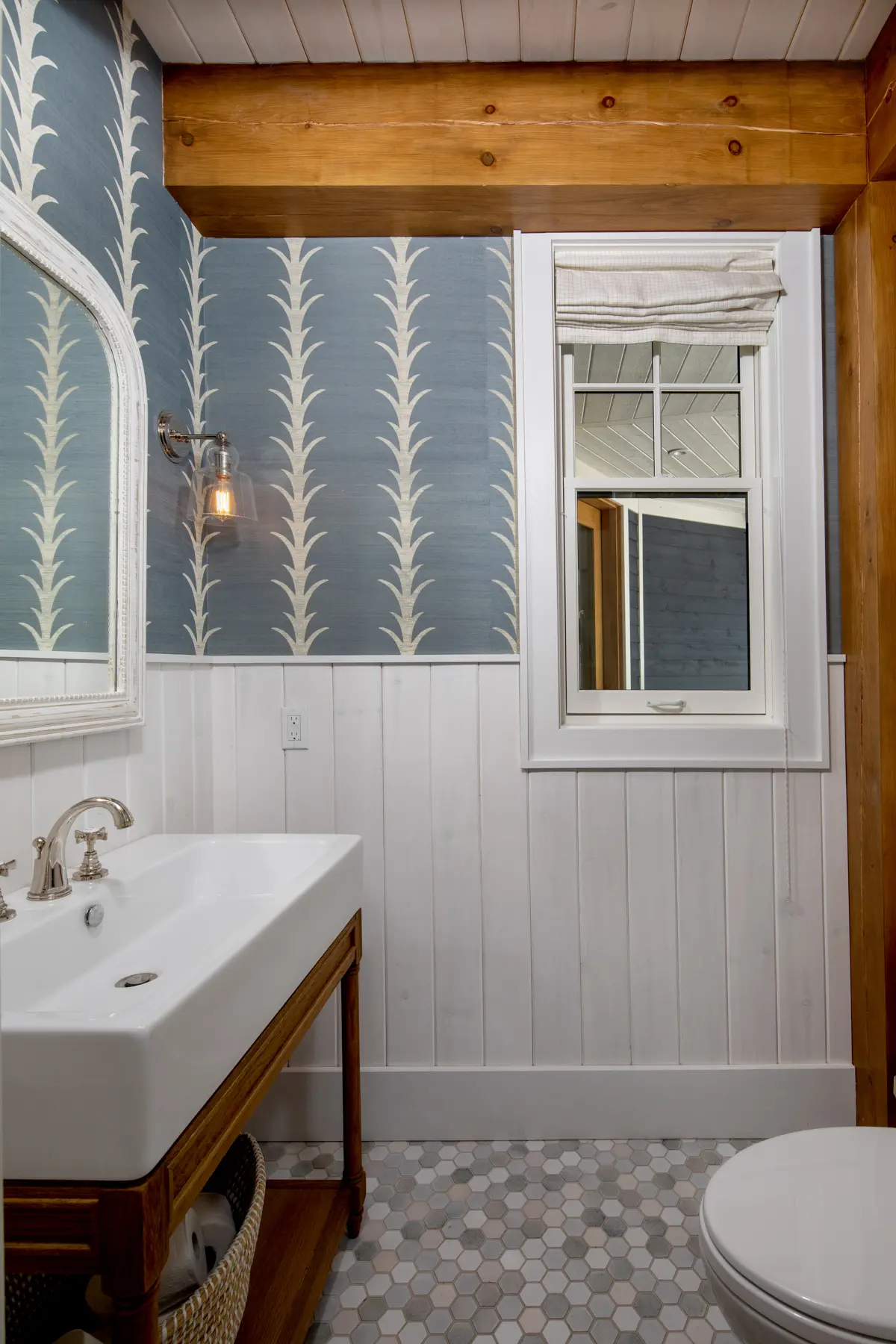 Normerica Timber Homes Timber Frame Portfolio Beachside Bliss Interior Timbers in Powder Room