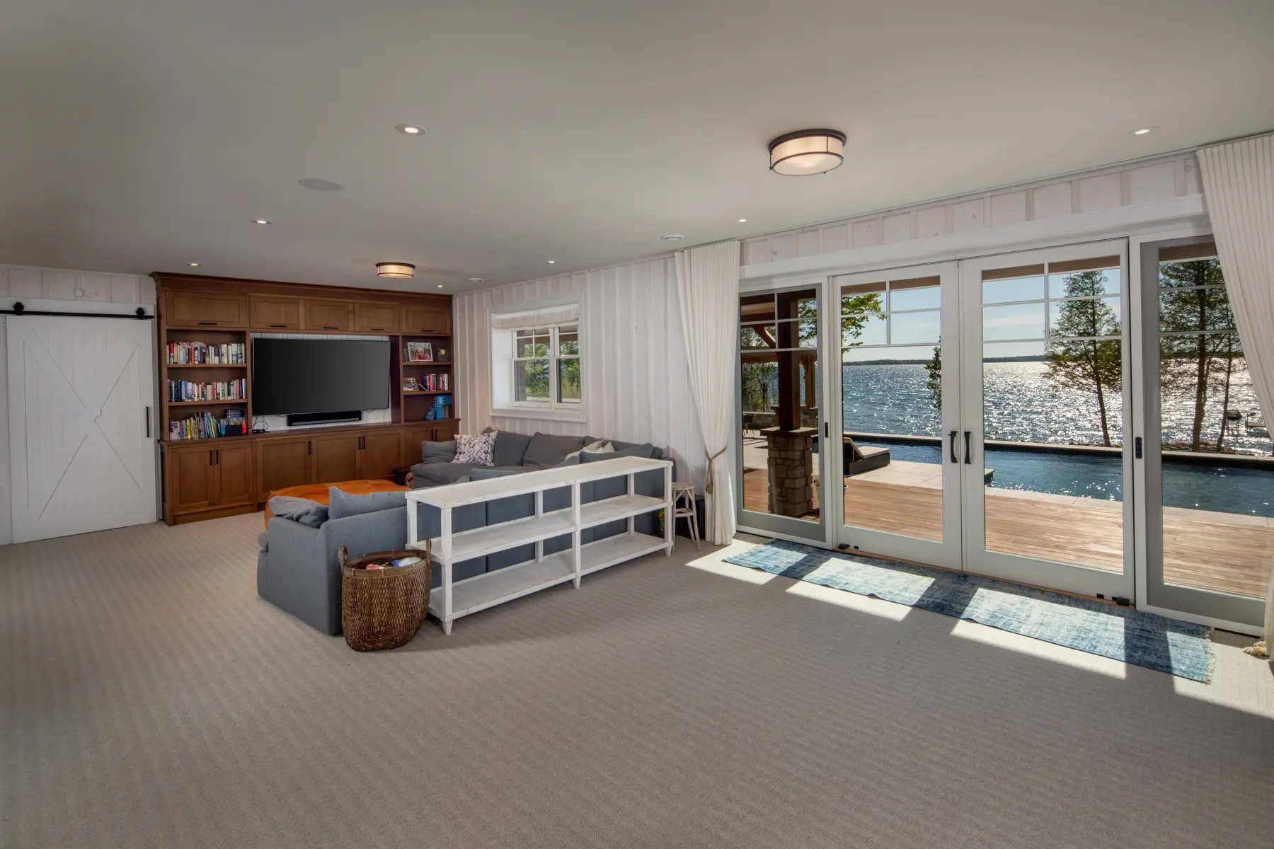 Normerica Timber Homes Timber Frame Portfolio Beachside Bliss Interior Walkout Basement Media Room Recreation Room