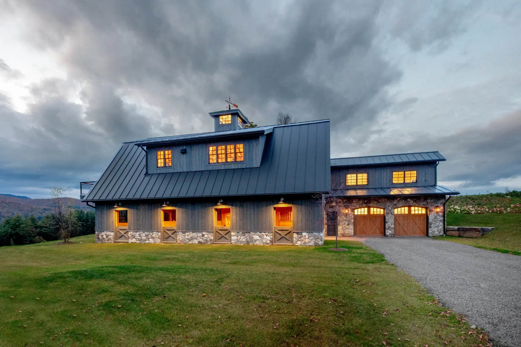 Timber Frame Barn House Exterior Night Side View Normerica Timber Homes