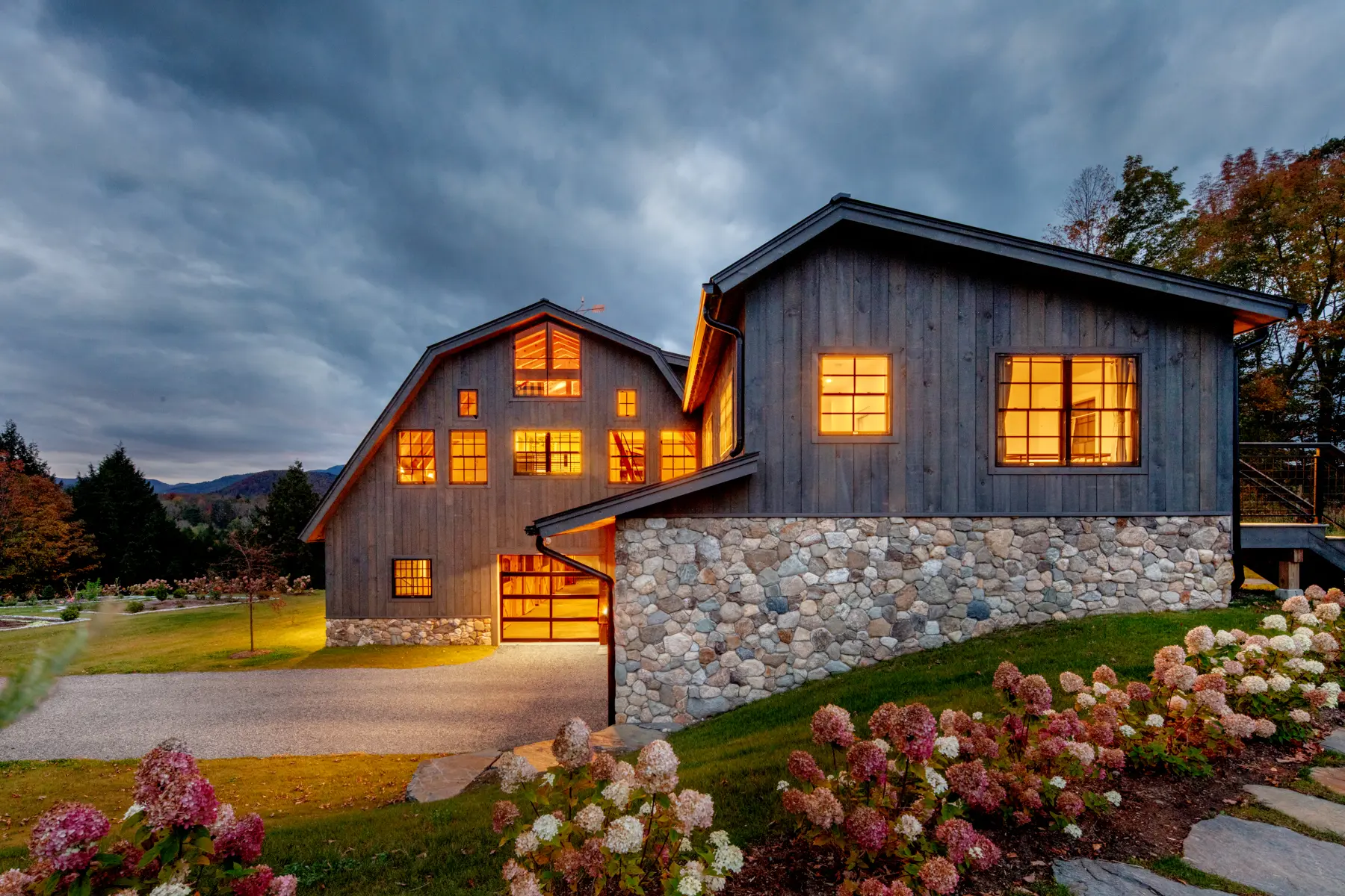 Timber Frame Barn House Exterior Night View Normerica Timber Homes