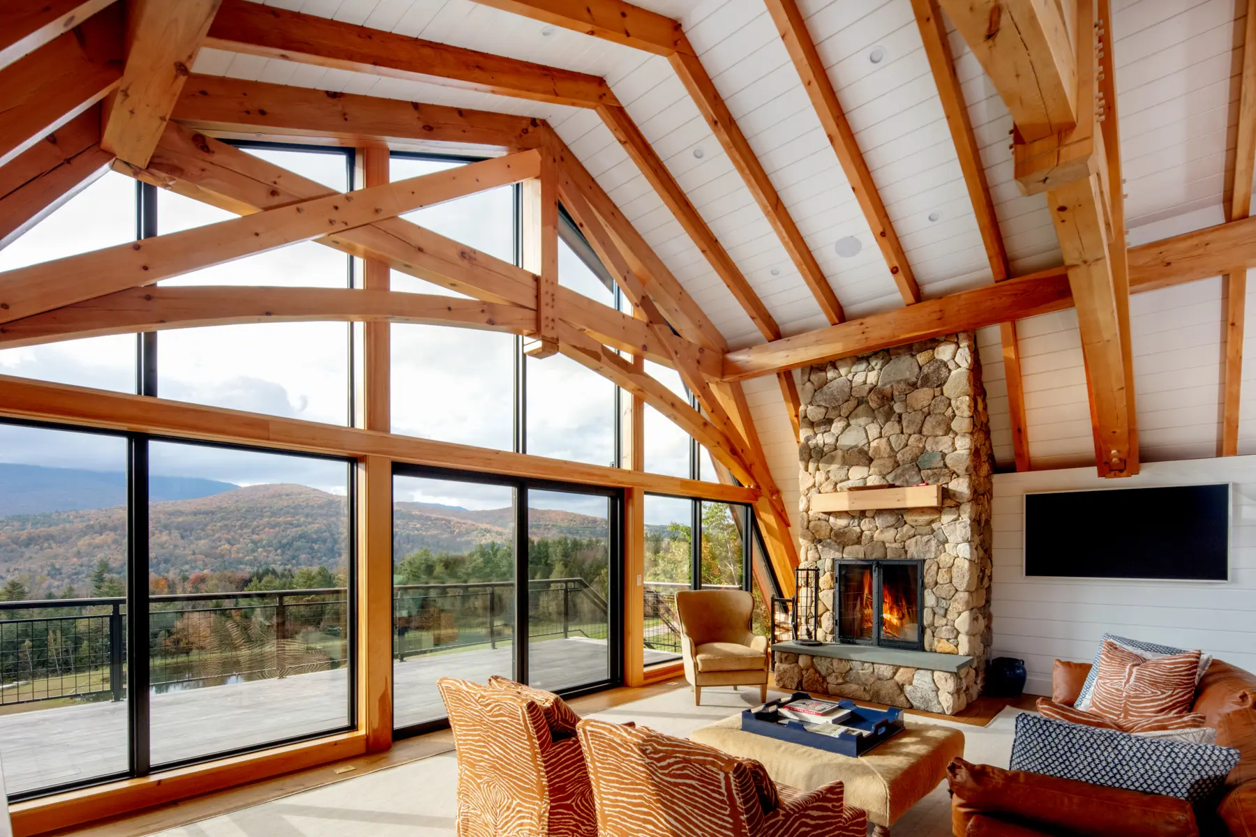 Timber Frame Barn House Interior Fireplace View Normerica Timber Homes
