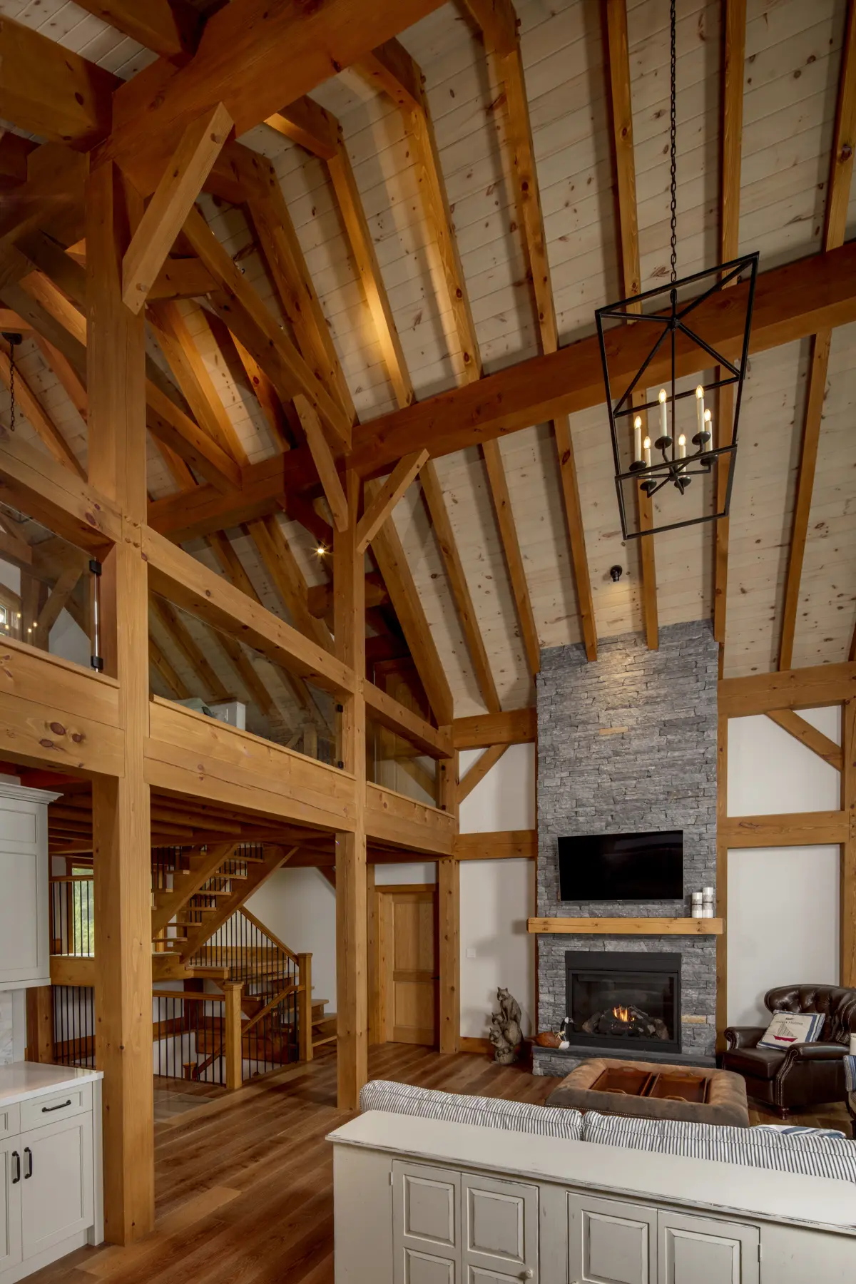 10 Normerica Timber Frame Interior Cottage Living Room Great Room Fireplace Open Concept Cathedral Ceiling