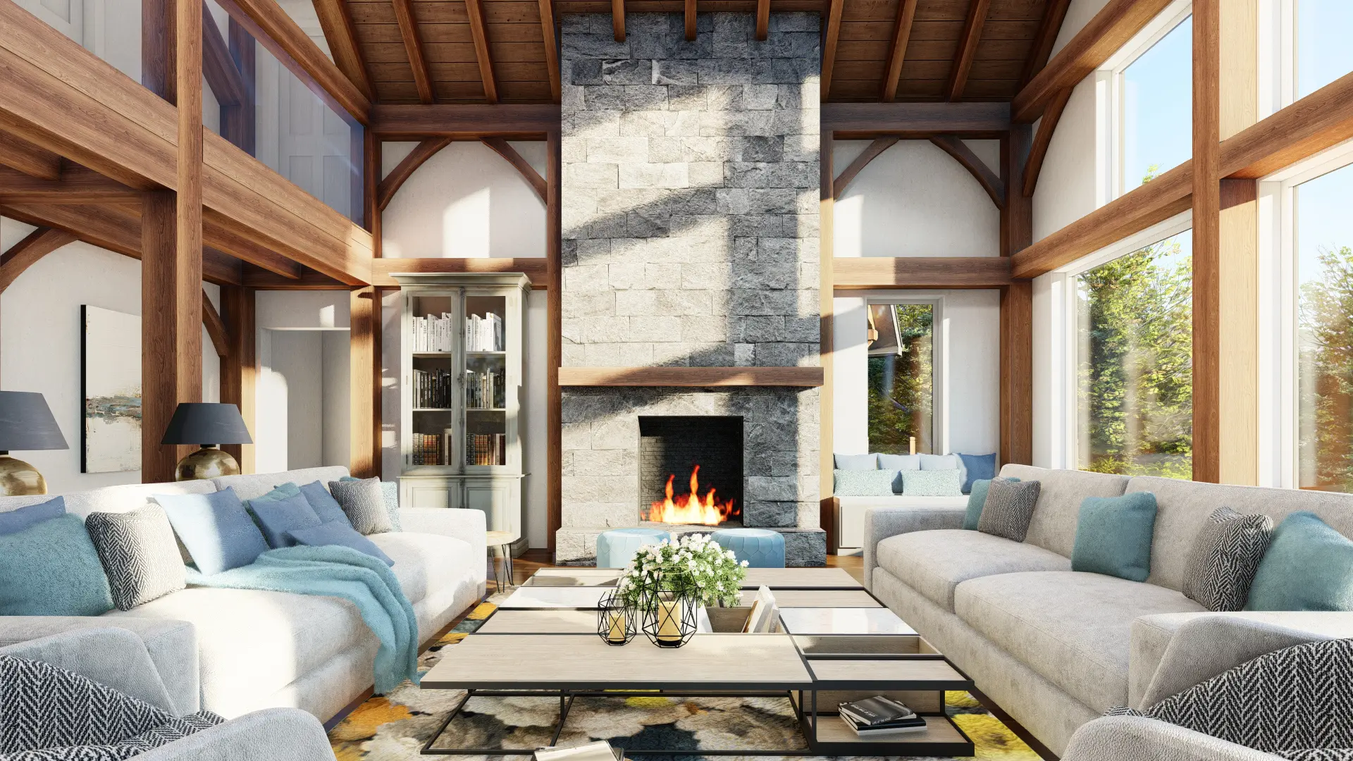 10 Normerica Timber Frames House Plan The Rossmore Interior Living Room Open Concept Cathedral Ceiling Fireplace