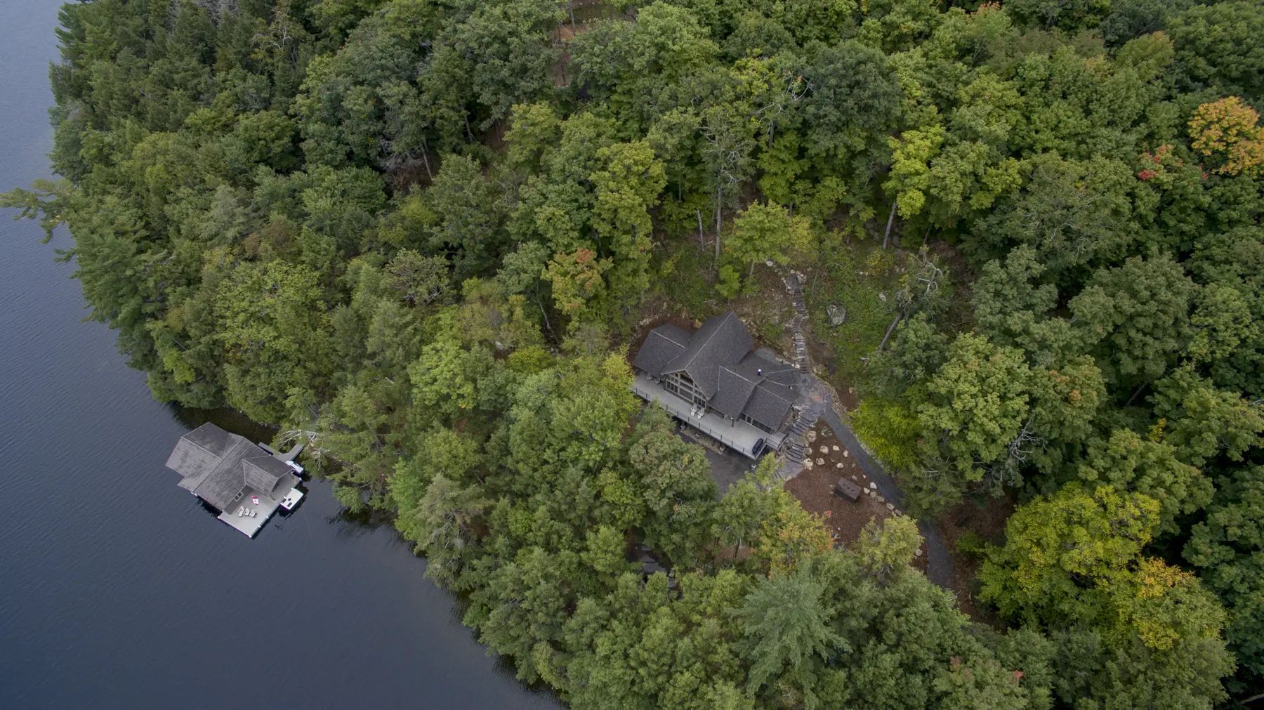 11 Normerica Timber Frame Exterior Cottage Lake Boathouse Aerial View