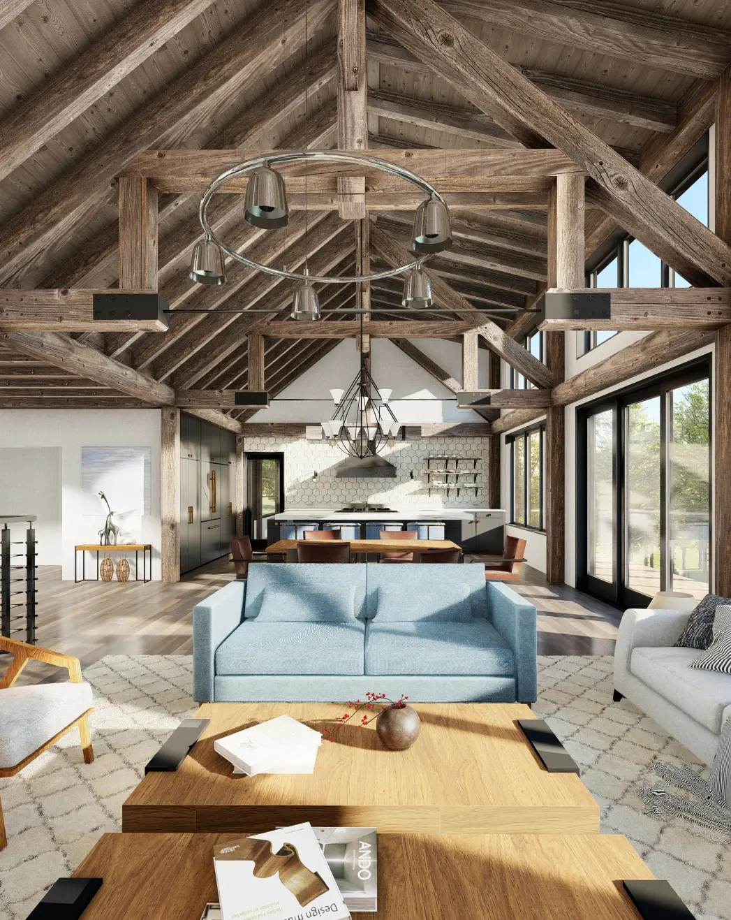 11 Normerica Timber Frames House Plan The Redstone Interior Living Room Open Concept Cathedral Ceiling 2