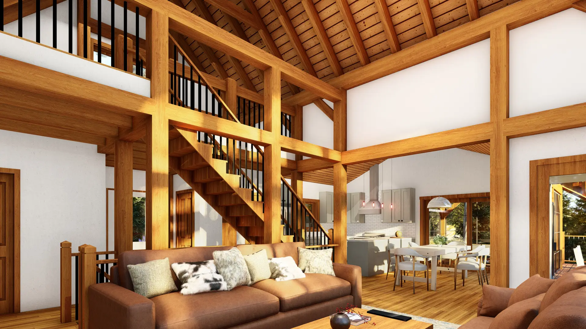 11 Normerica Timber Frames House Plans The Tobermory 3949 Interior Living Room Stairs to Loft