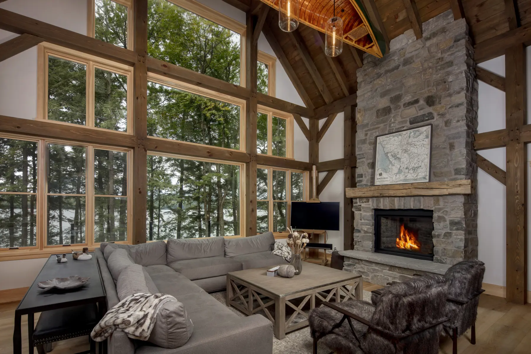 12 Normerica Timber Frame Interior Cottage Living Room Great Room Fireplace Cathedral Ceiling