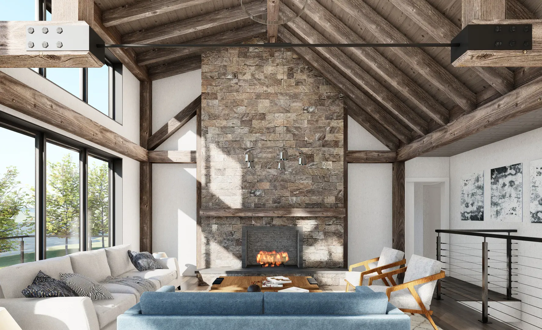 12 Normerica Timber Frames House Plan The Redstone Interior Living Room Open Concept Cathedral Ceiling Fireplace 2