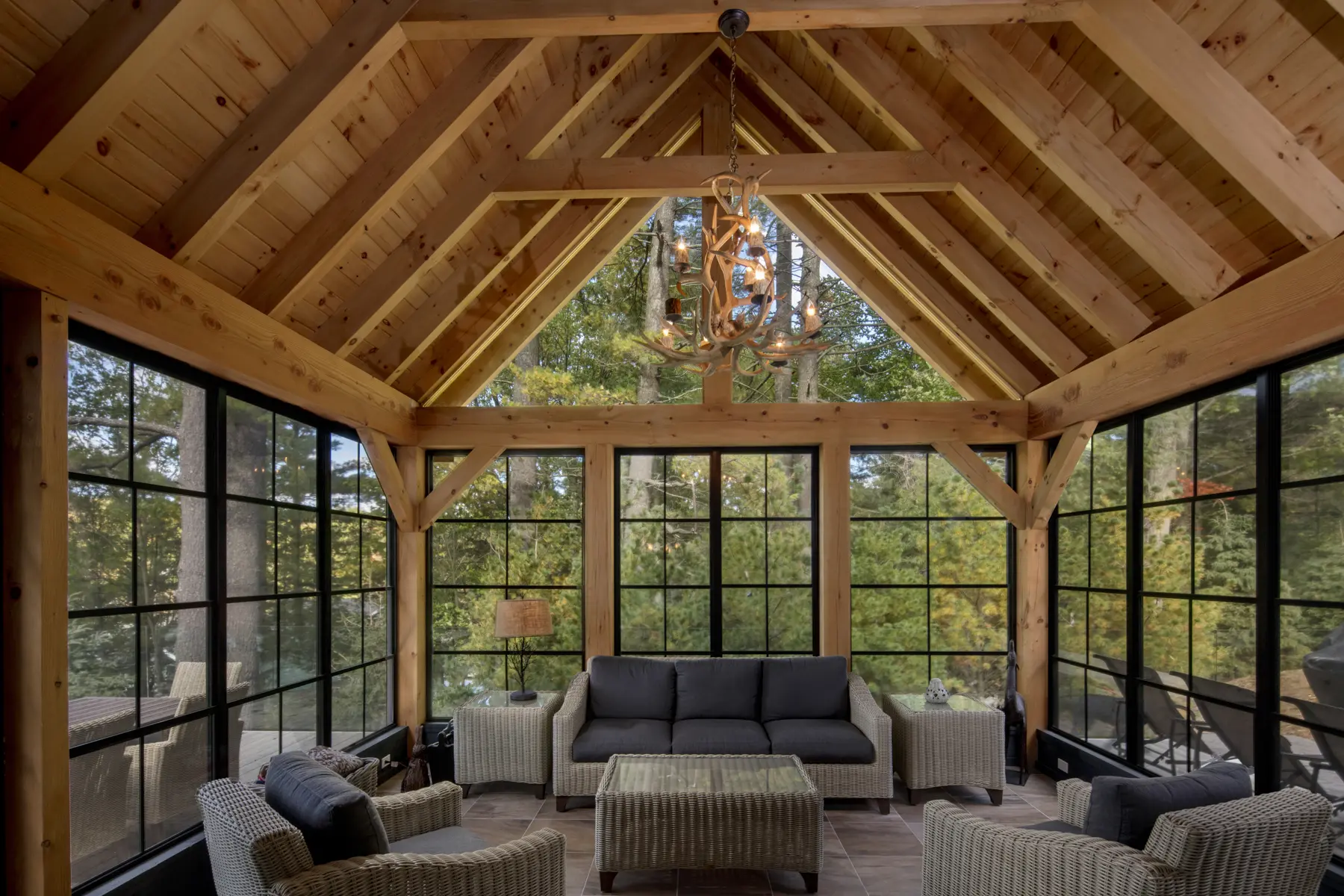 13 Normerica Timber Frame Interior Cottage Muskoka Room Screened Porch