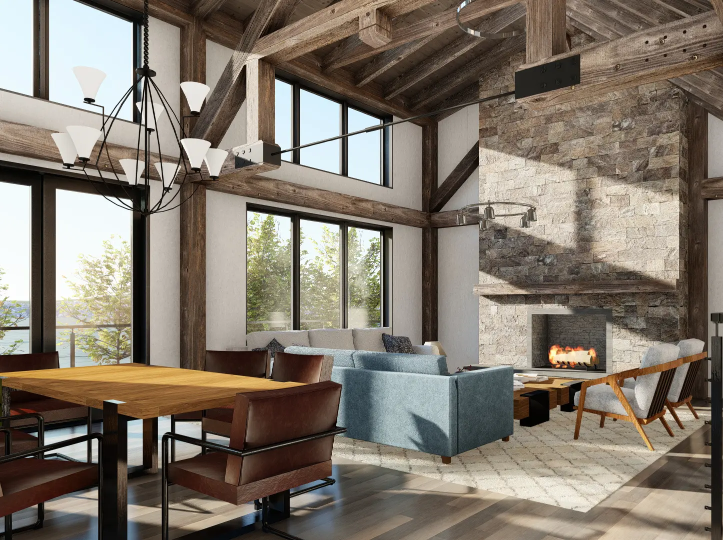 13 Normerica Timber Frames House Plan The Redstone Interior Living Room Open Concept Cathedral Ceiling Fireplace