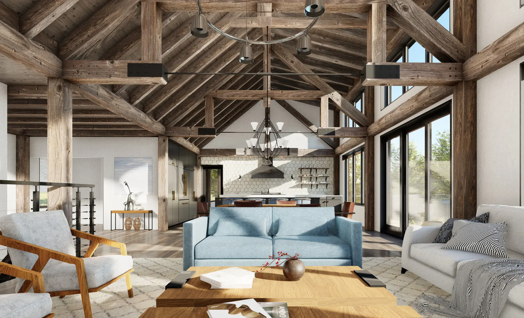 14 Normerica Timber Frames House Plan The Redstone Interior Living Room Open Concept Cathedral Ceiling