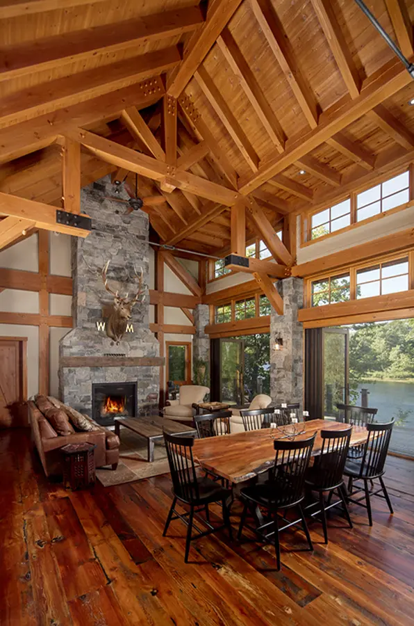 15 Normerica Timber Frame Interior Cottage Cathedral Ceiling Open Concept Fireplace Living Room Great Room Dining Room