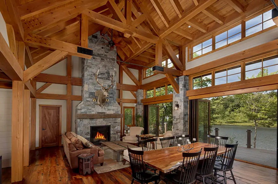 16 Normerica Timber Frame Interior Cottage Great Room Living Room Dining Room Open Concept Cathedral Ceiling Fireplace