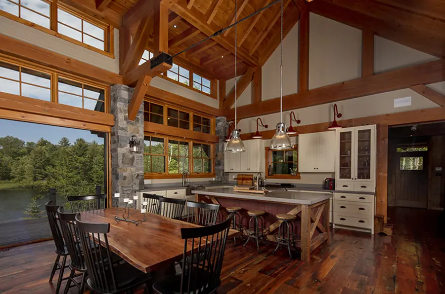 17 Normerica Timber Frame Interior Cottage Dining Room Kitchen Open Concept Cathedral Ceiling