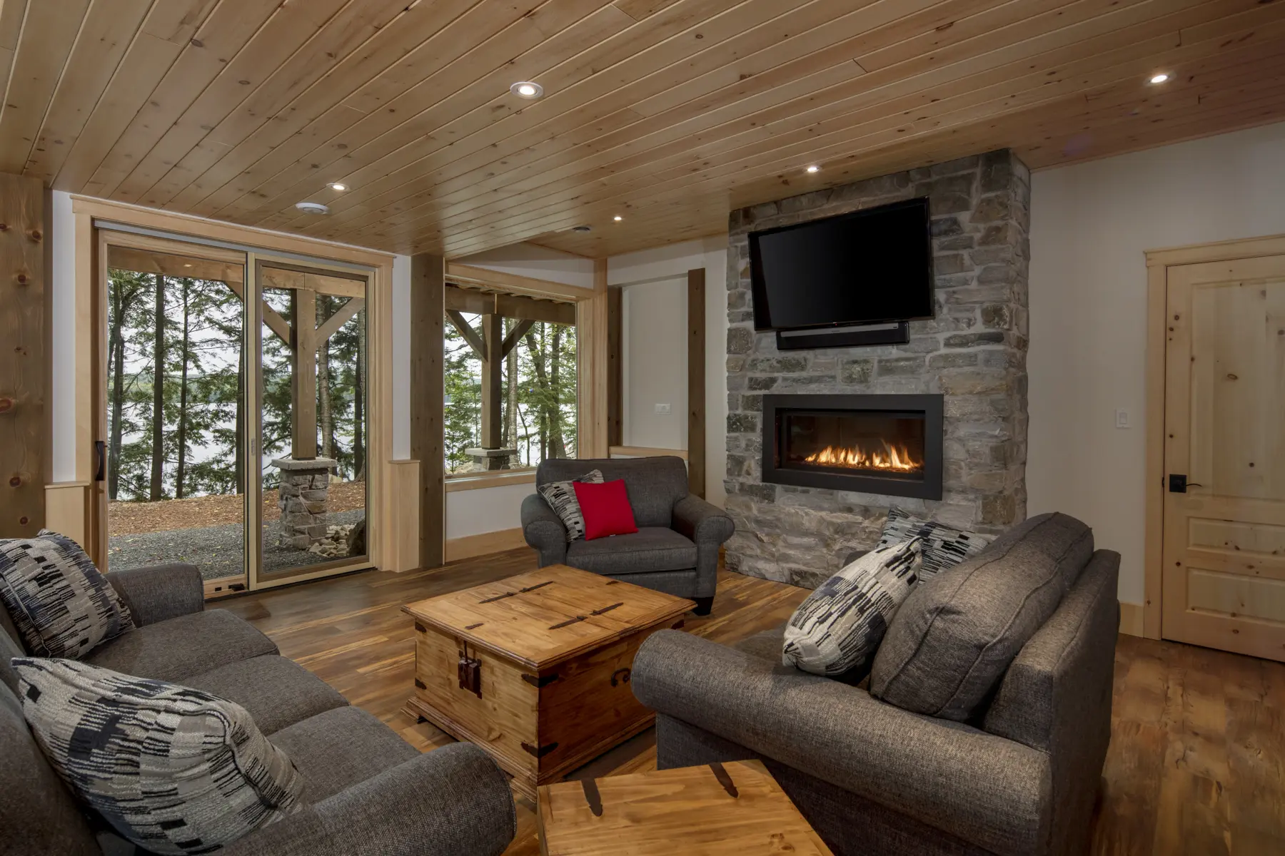 18 Normerica Timber Frame Interior Cottage Fireplace Media Room Family Room Walkout Basement