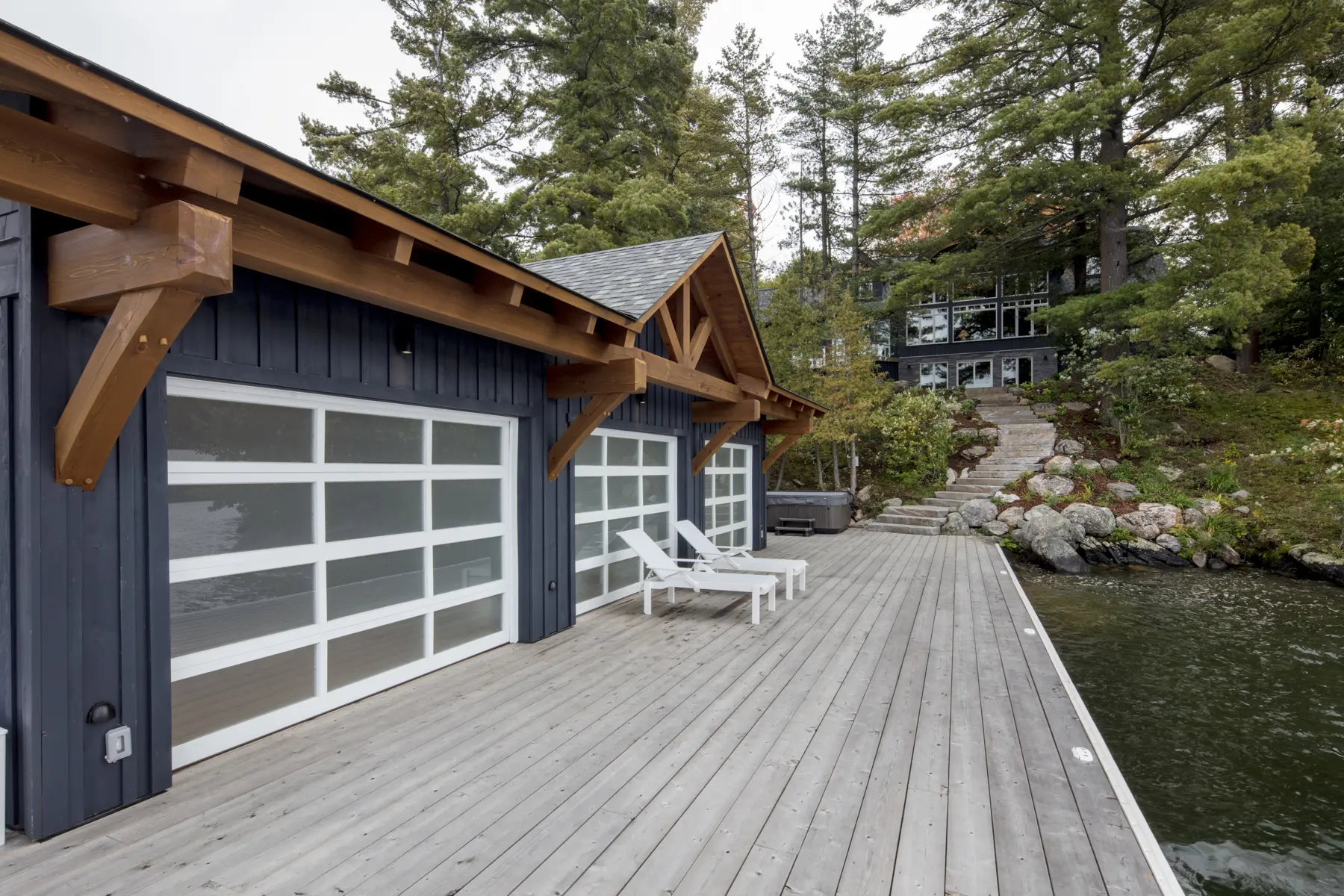 19 Normerica Timber Frame Exterior Cottage Boathouse View to the Cottage