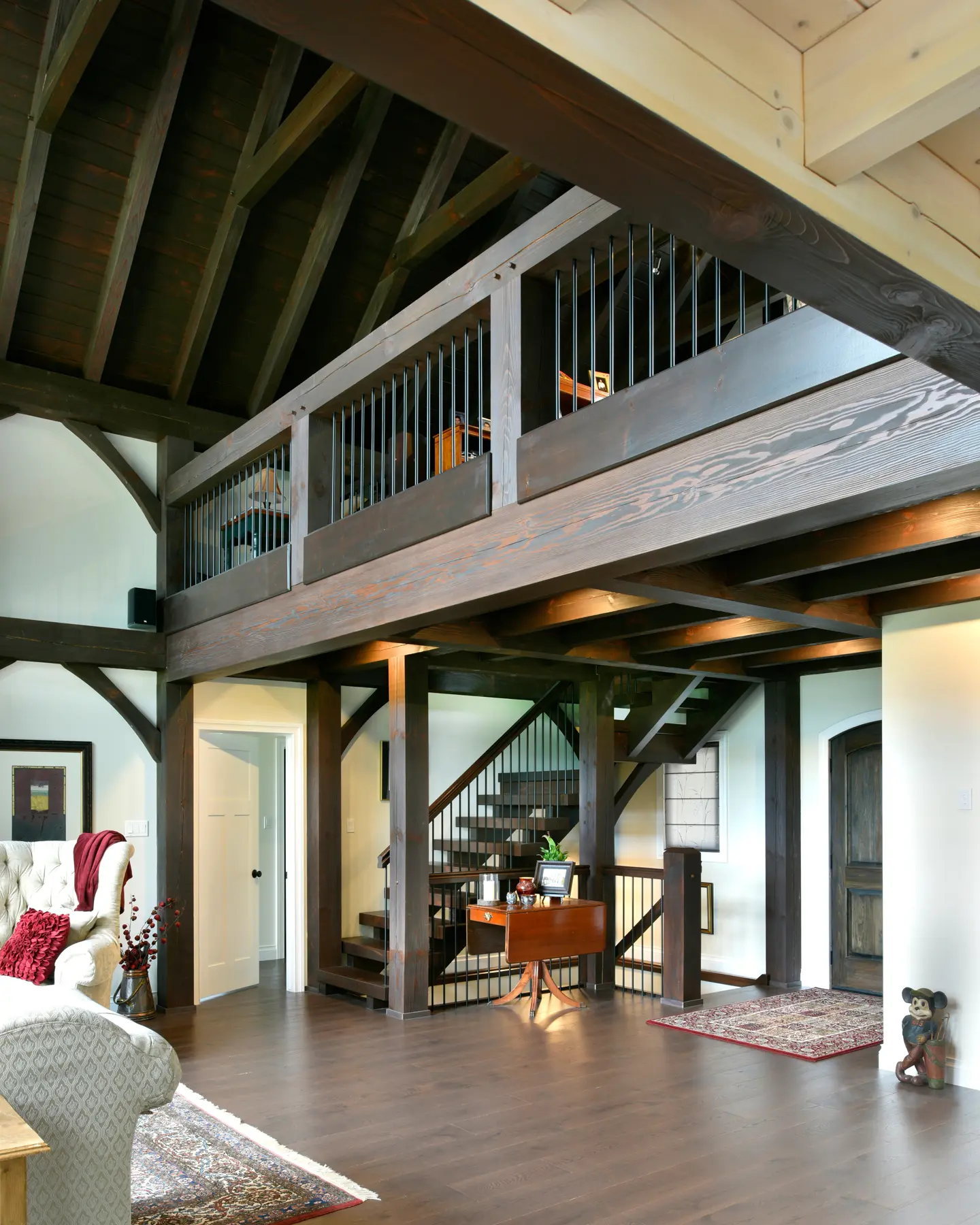 4 Normerica Timber Frame Interior Cottage Loft Cathedral Ceiling Open Concept Stairs Entry