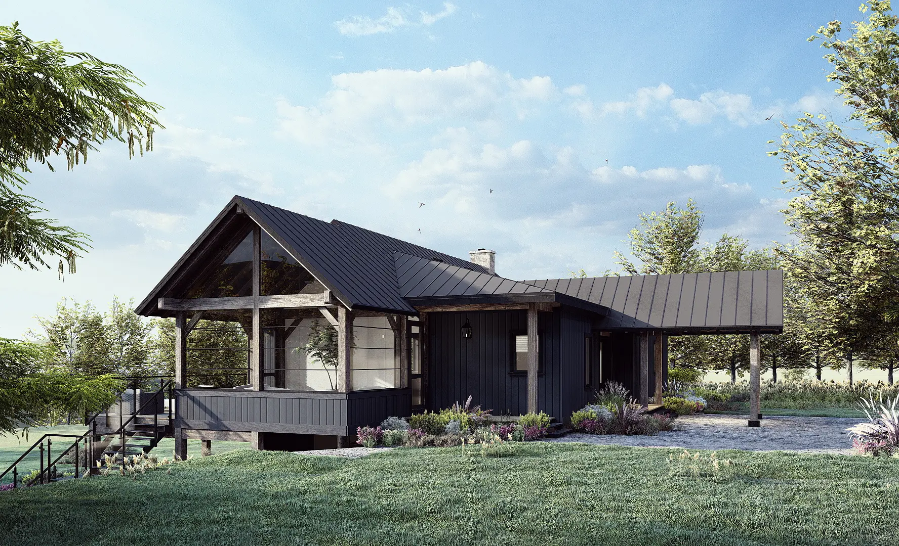 4 Normerica Timber Frames House Plan The Redstone Exterior Side Porch Screened Porch 3 Season Muskoka Room