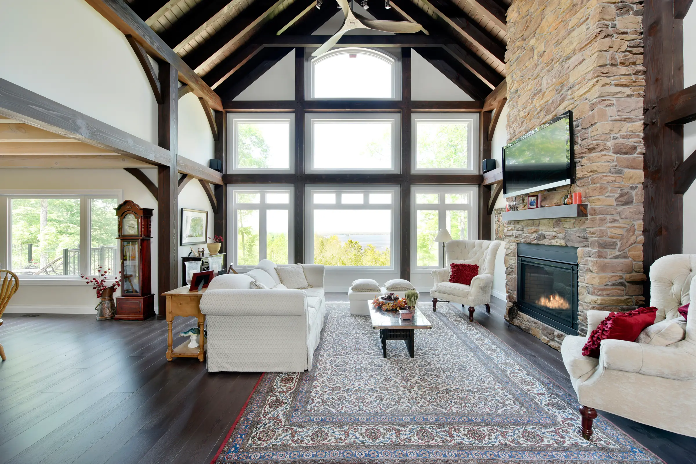 5 Normerica Timber Frame Interior Cottage Living Room Great Room Fireplace Open Concept