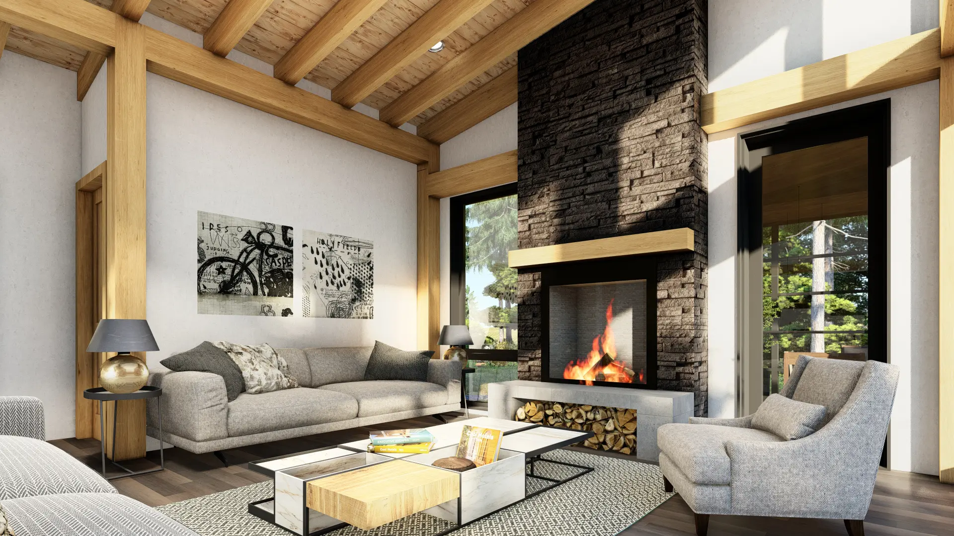 5 Normerica Timber Frames House Plan The Bayfield 3945 Interior Dining Room Living Room Fireplace