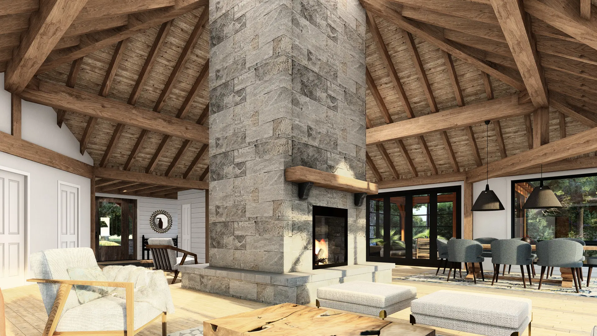 5 Normerica Timber Frames House Plan The Britt 3954 Interior Living Room Dining Room Fireplace