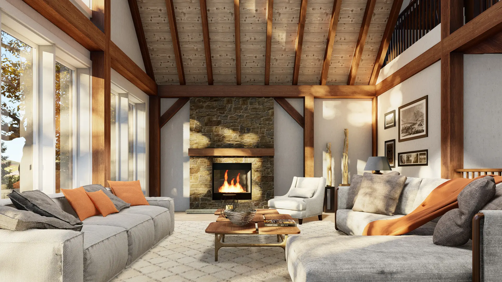 5 Normerica Timber Frames House Plan The Kennebec Interior Living Room Fireplace