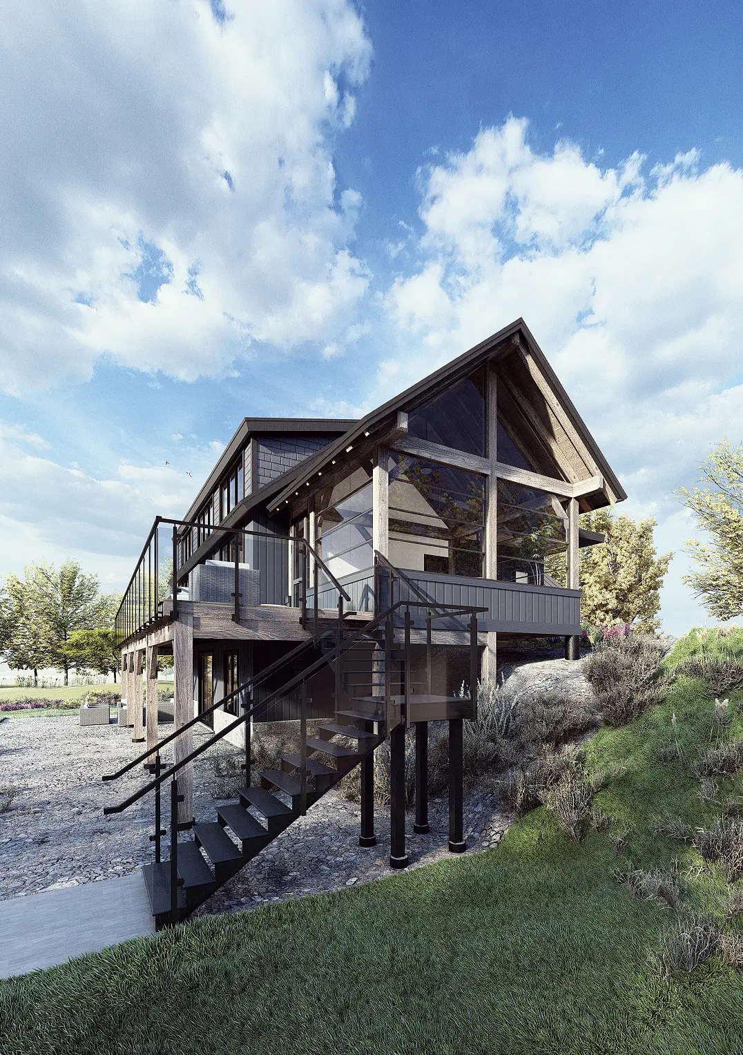 5 Normerica Timber Frames House Plan The Redstone Exterior Side Porch Screened Porch 3 Season Room Muskoka Room Stairs