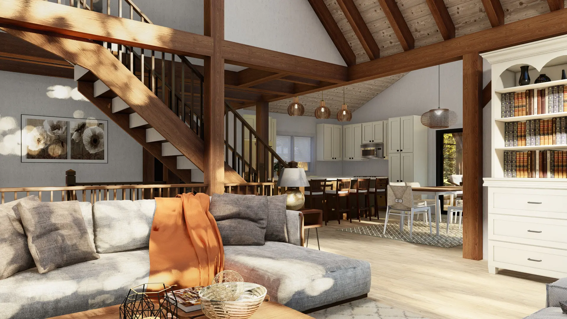 6 Normerica Timber Frames House Plan The Kennebec Interior Living Room Stairs Kitchen