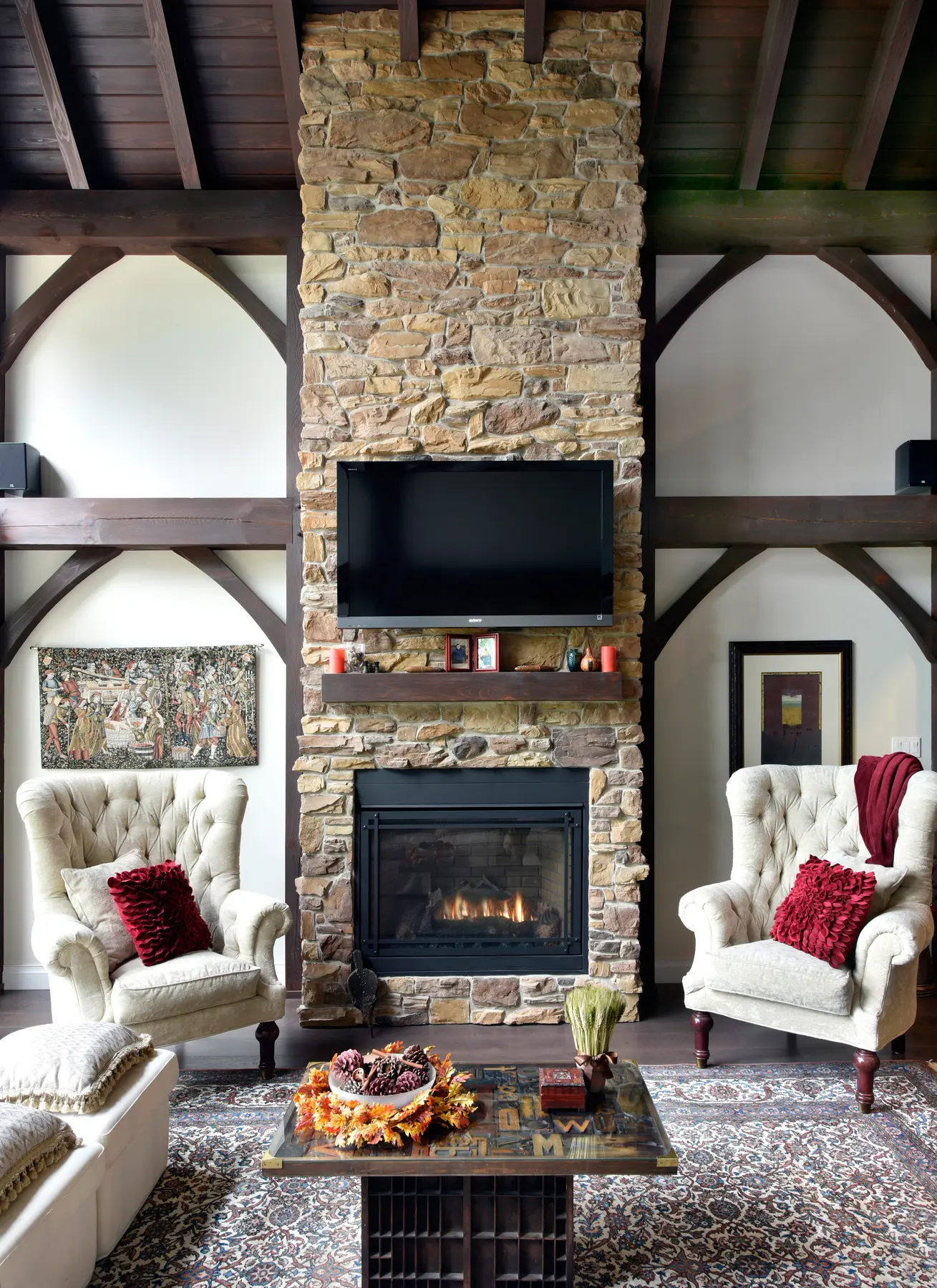 7 Normerica Timber Frame Interior Cottage Fireplace Living Room Great Room Cathedral Ceiling