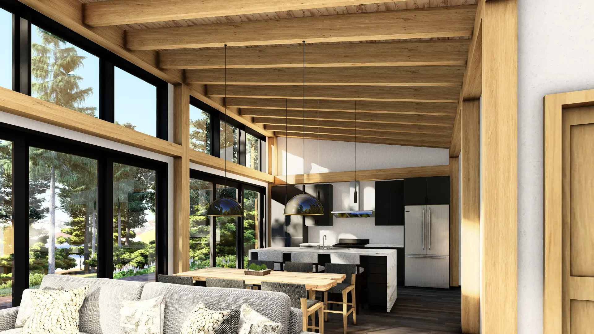 7 Normerica Timber Frames House Plan The Bayfield 3945 Interior Dining Room Living Room Kitchen Open Concept