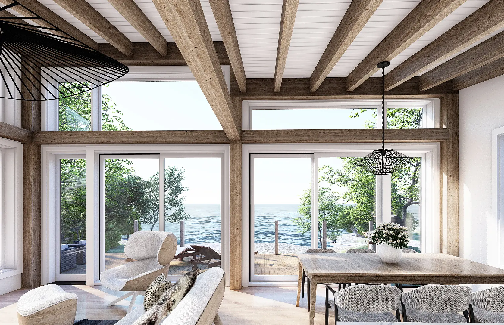 7 Normerica Timber Frames House Plan The Laurentian Interior Dining Room Open Concept