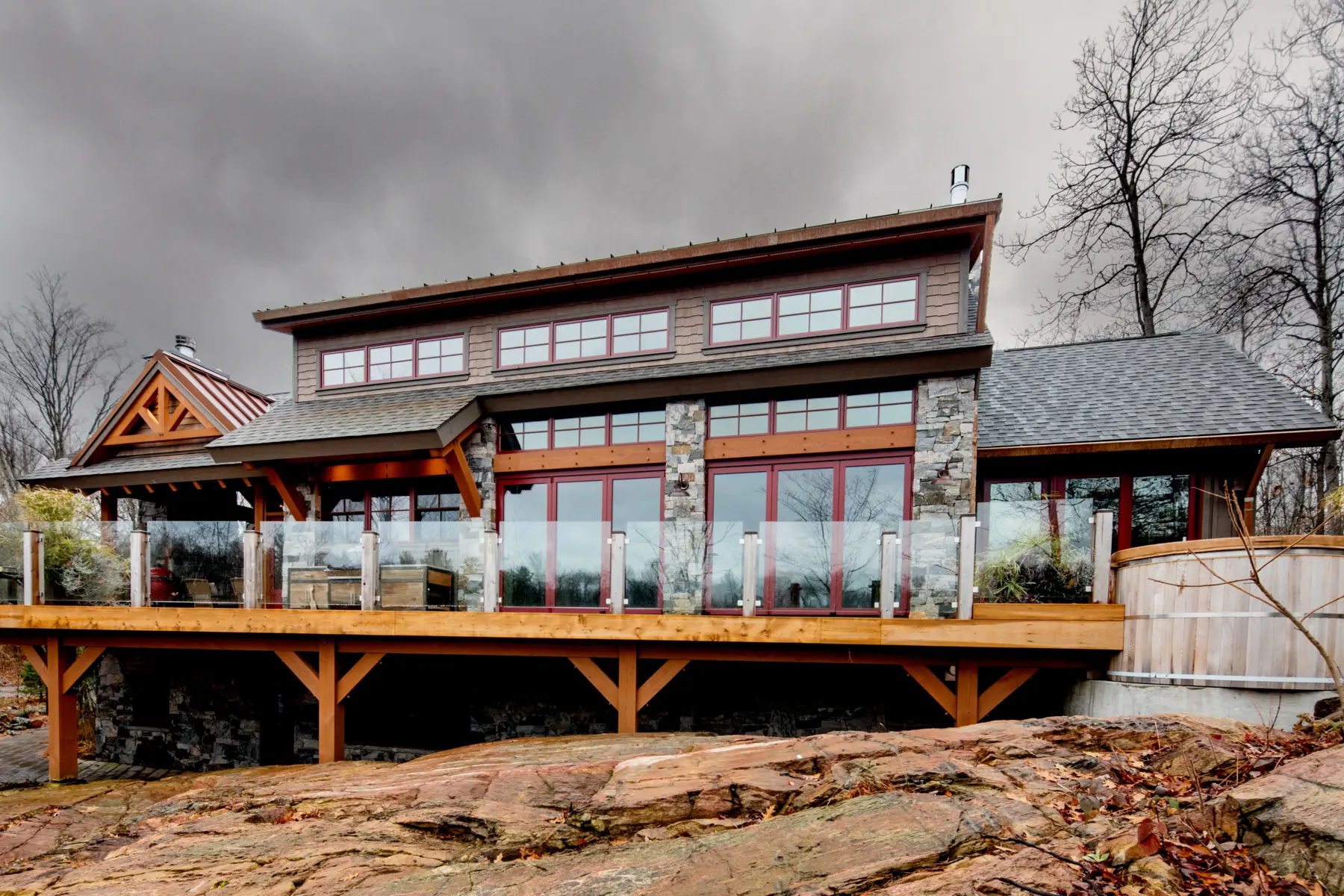 8 Normerica Timber Frame Exterior Cottage Rear View Lake View Porch
