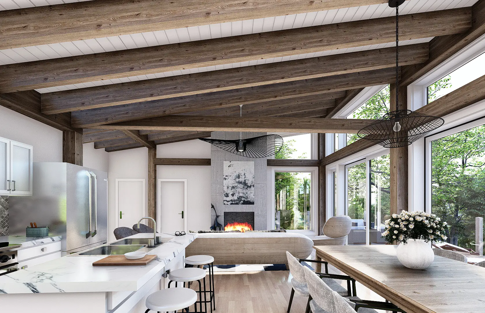 8 Normerica Timber Frames House Plan The Laurentian Interior Kitchen Dining Room Living Room Fireplace Open Concept