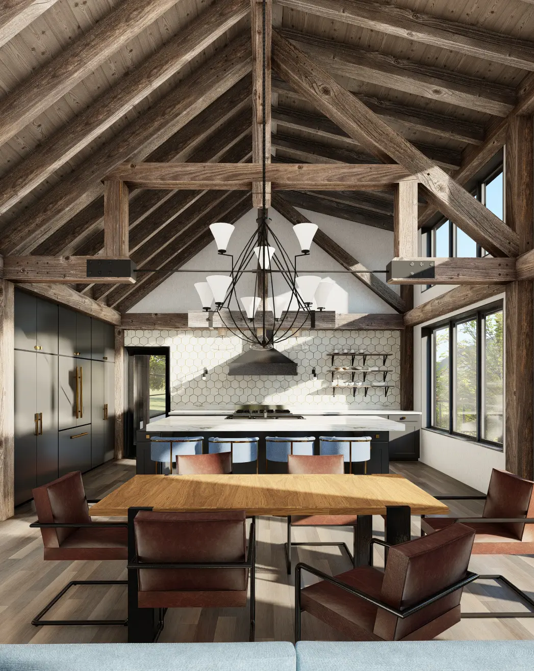 8 Normerica Timber Frames House Plan The Redstone Interior Dining Room Kitchen Open Concept Cathedral Ceiling