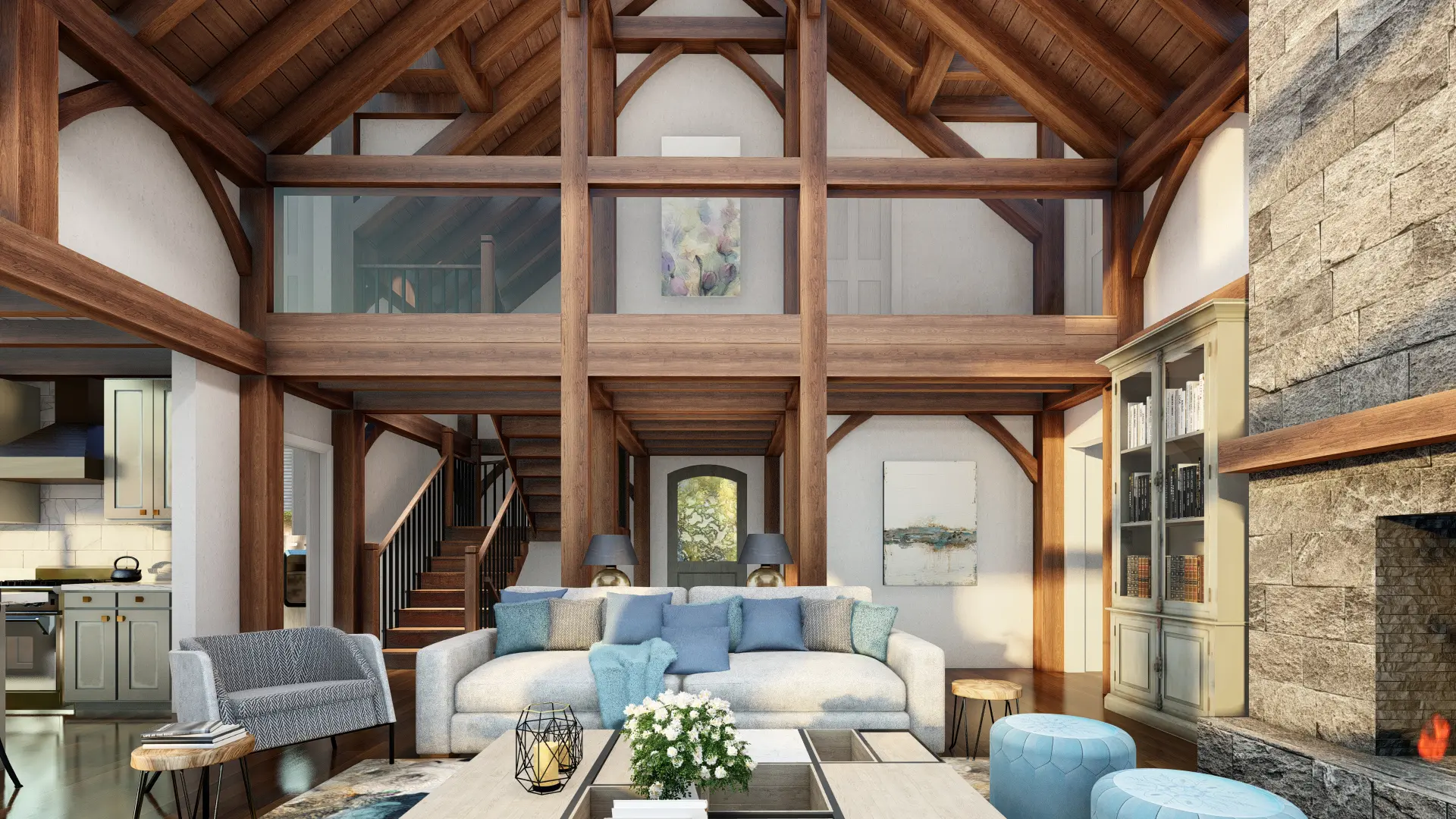 9 Normerica Timber Frames House Plan The Rossmore Interior Living Room Open Concept Cathedral Ceiling Fireplace Loft