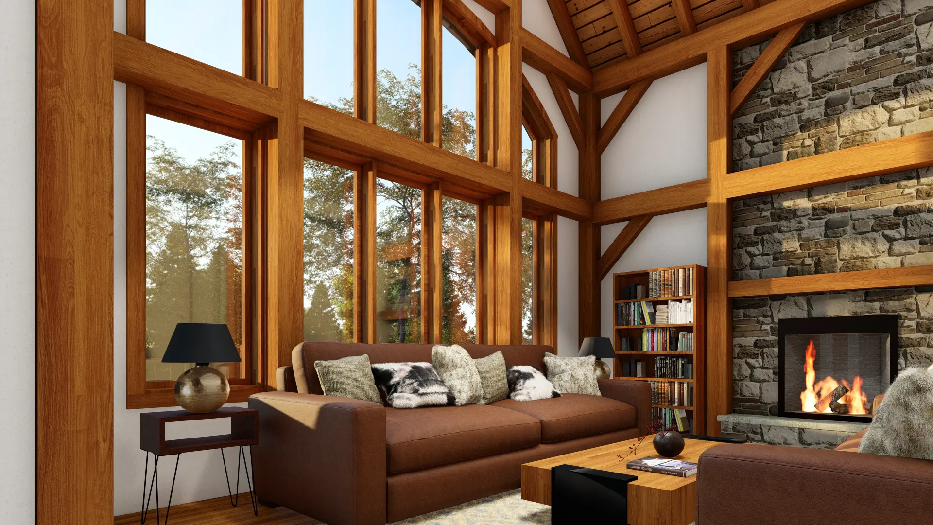 9 Normerica Timber Frames House Plans The Tobermory 3949 Interior Living Room Fireplace Windows