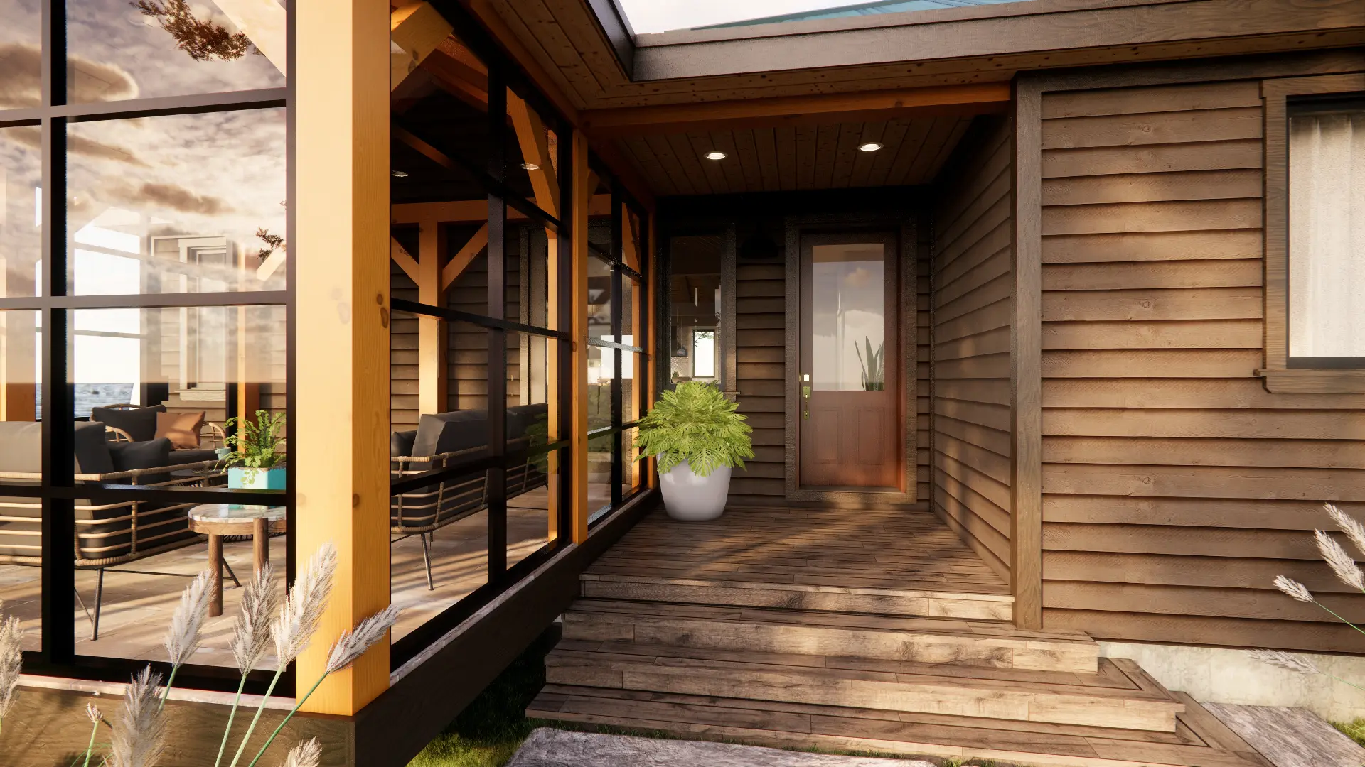 Bungalow Cottage Hip Roof Design Cottage House Plan The Baril 3514 Exterior Front Door Close Up Normerica Timber Homes