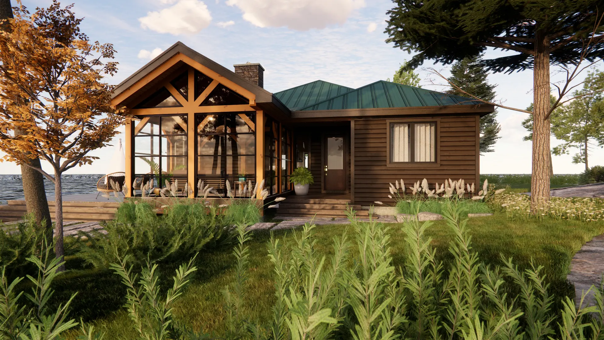 Bungalow Cottage Hip Roof Design Cottage House Plan The Baril 3514 Exterior Front Door View Muskoka Room Normerica Timber Homes