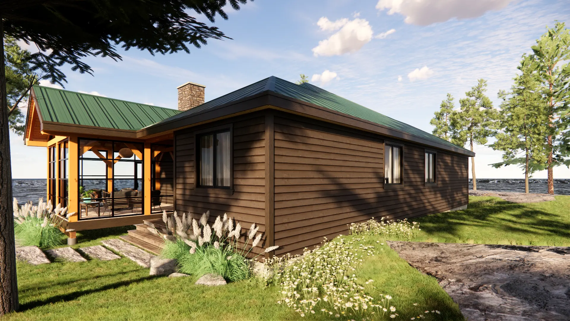 Bungalow Cottage Hip Roof Design Cottage House Plan The Baril 3514 Exterior Rear View Muskoka Room Normerica Timber Homes