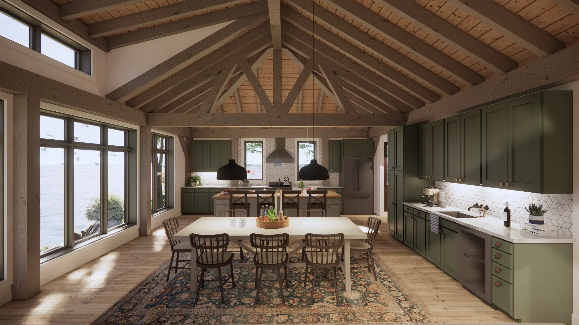 Bungalow Cottage Hip Roof Design Cottage House Plan The Baril 3514 Interior Kitchen Dining Room Lakeview Normerica Timber Homes