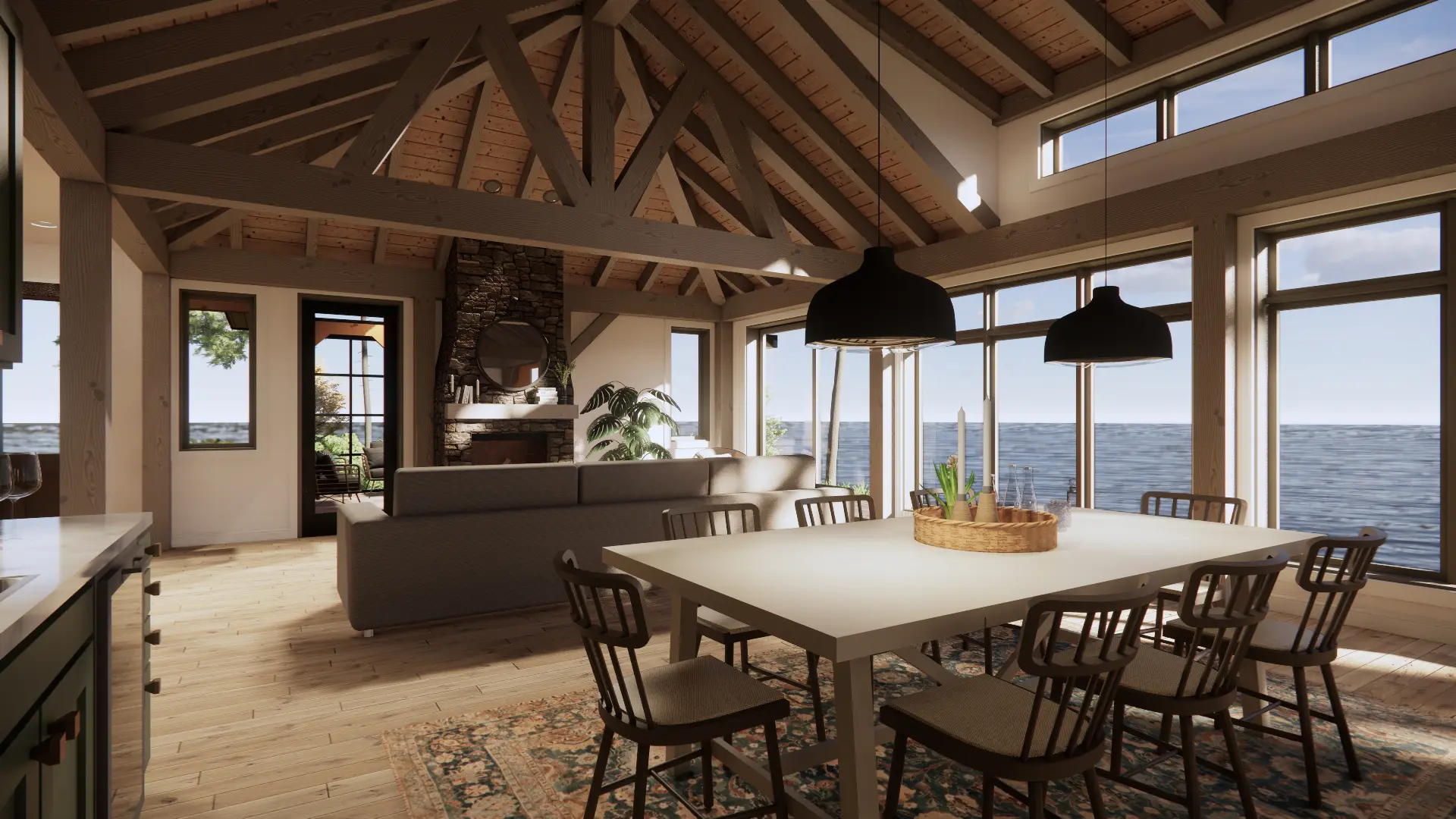 Bungalow Cottage Hip Roof Design Cottage House Plan The Baril 3514 Interior Living Room Dining Room Lakeview Normerica Timber Homes