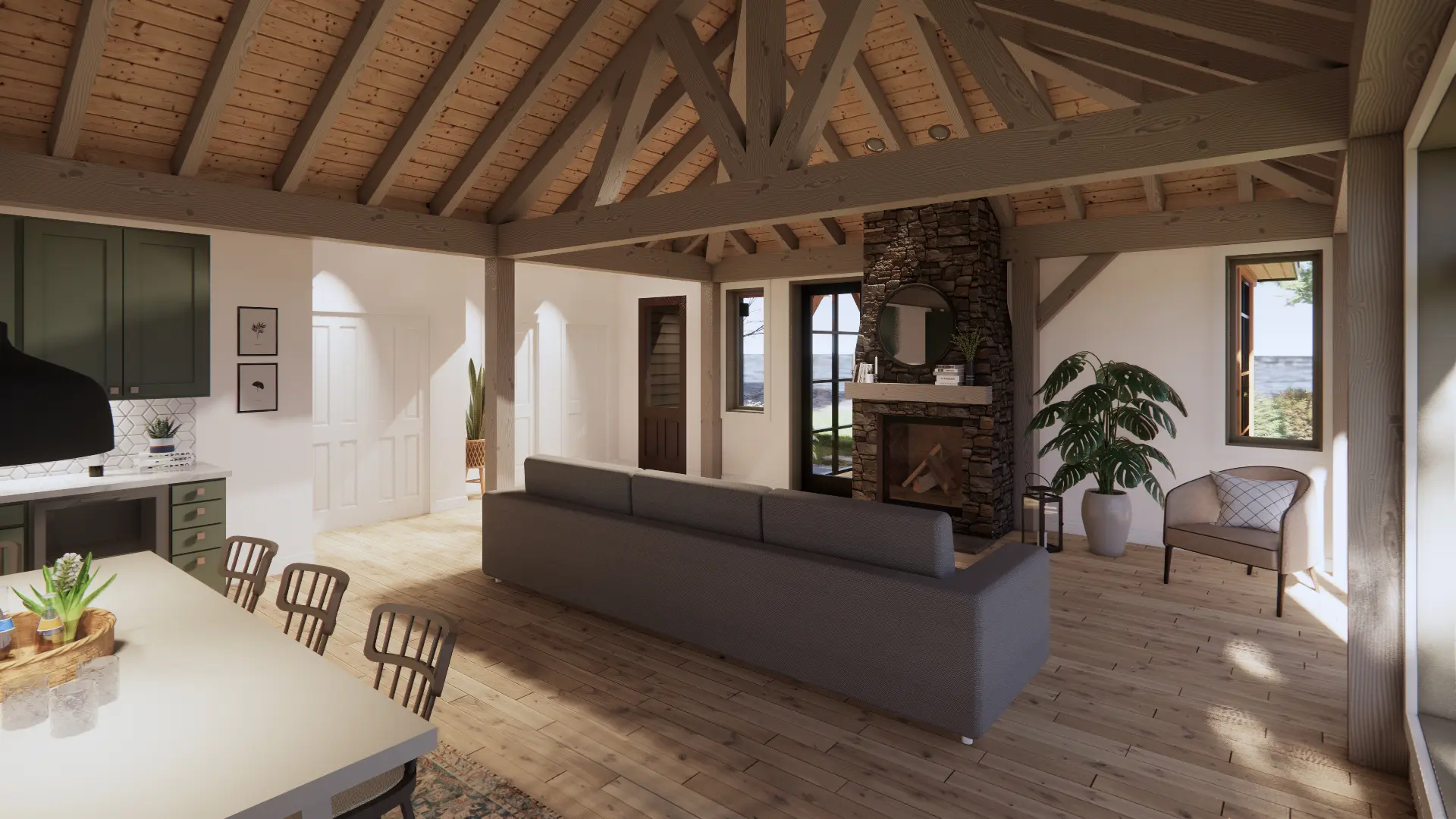 Bungalow Cottage Hip Roof Design Cottage House Plan The Baril 3514 Interior Living Room Fireplace Normerica Timber Homes