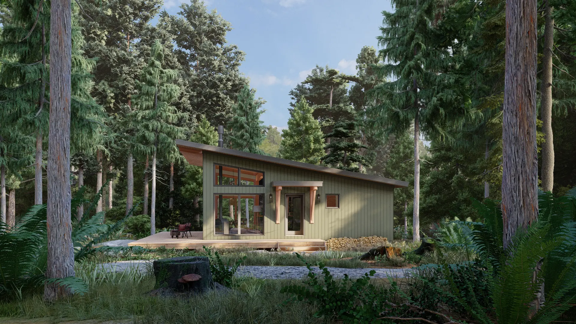 Bunkie Cabin Mono Slope Roof House Plans The Buckhorn 4133 Exterior Front Normerica Timber Homes