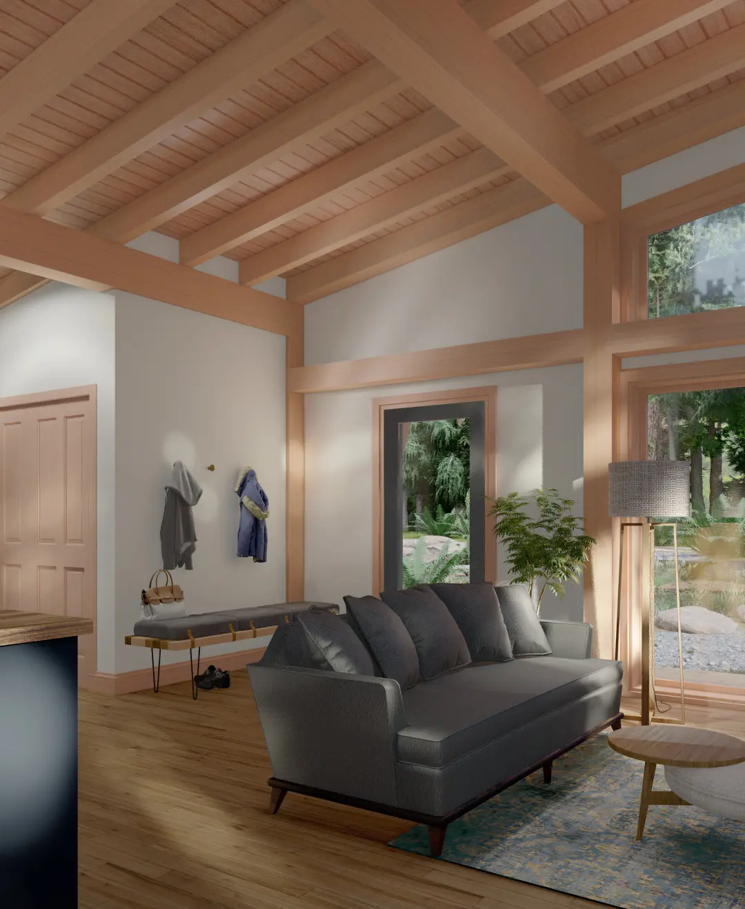 Bunkie Cabin Mono Slope Roof House Plans The Buckhorn 4133 Interior Front Entry Living Room Normerica Timber Homes